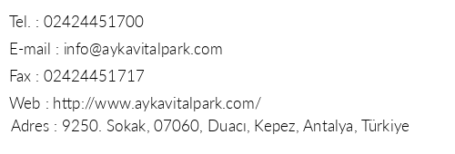 Ayka Vital Park telefon numaralar, faks, e-mail, posta adresi ve iletiim bilgileri